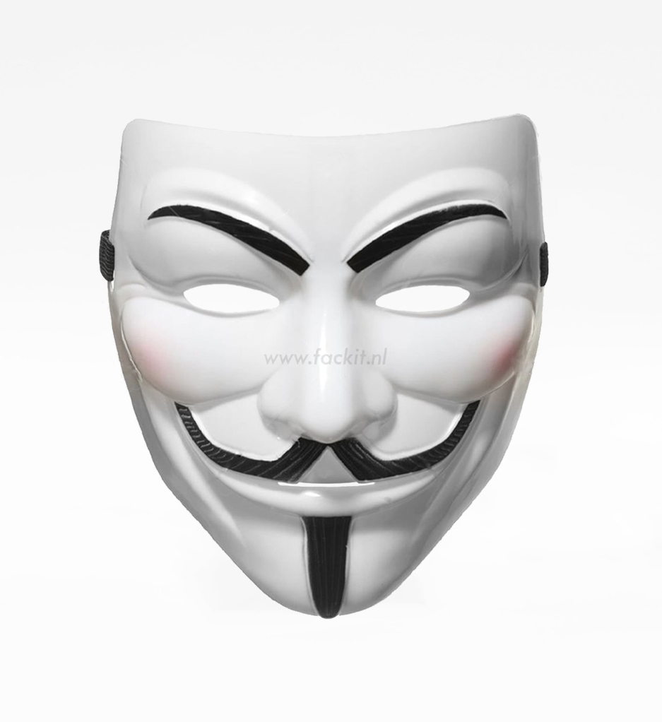 Anonymous mask featured on the Official Fack It Store website, representing rebellion and freedom, with a techno music aesthetic