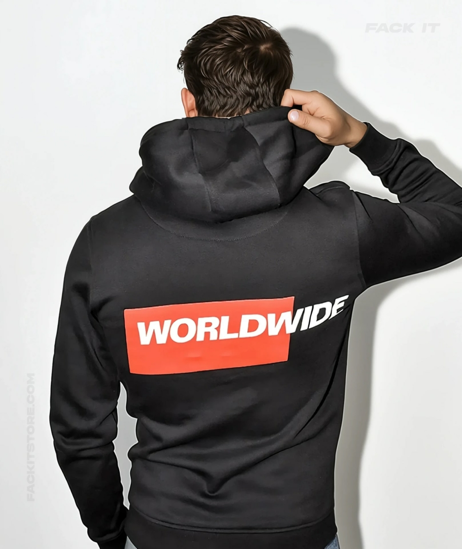 Black Fack It Hoodie with bold ‘Worldwide' logo on the back.