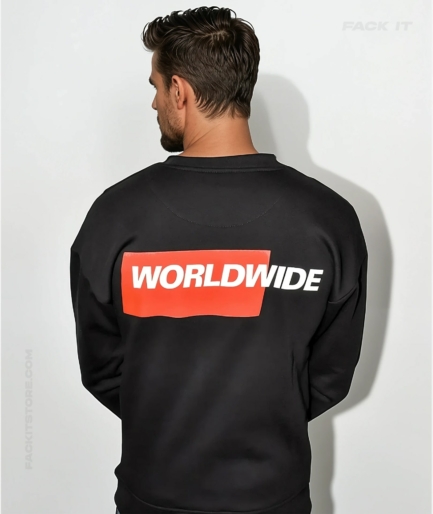 Black Fack It Sweater with bold ‘Worldwide' logo on the back.