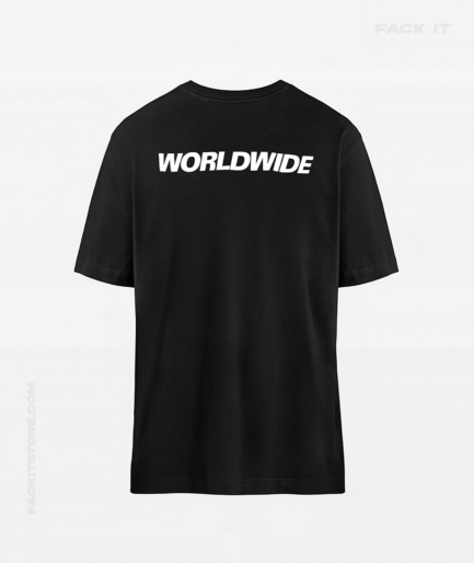 Black Fack It T-Shirt with bold ‘Worldwide' logo on the back.