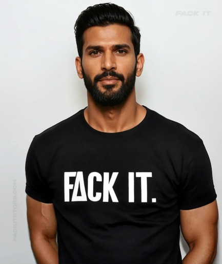 Black Fack It T-Shirt with bold ‘Fack It’ logo on the front worn by a model.
