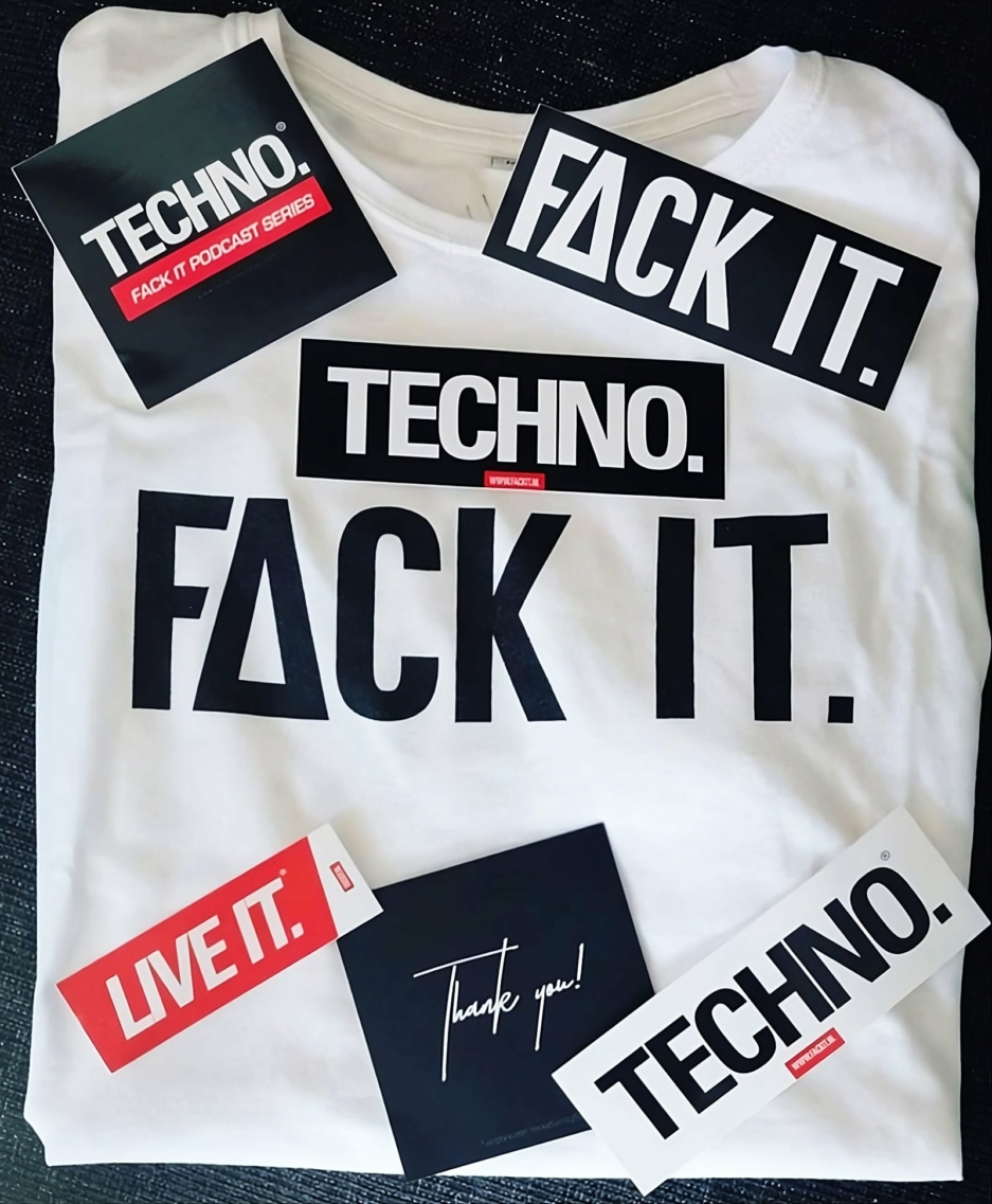 Folded White Fack It T-Shirt with Fack It and Techno Stickers