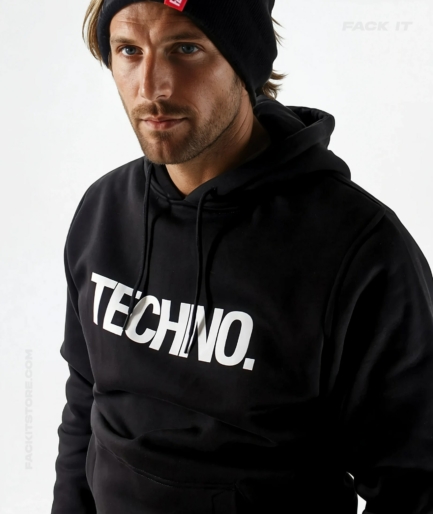Black Techno Hoodie Front - Model - Fack It | Worldwide Techno Movement