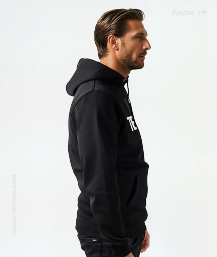 Black Techno Hoodie Side - Model - Fack It | Worldwide Techno Movement