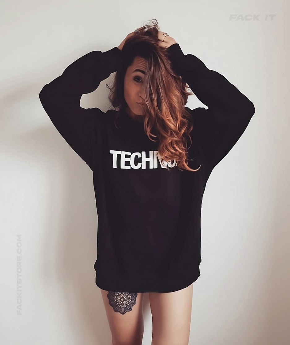 Black Techno Sweater – Front - Model - Female - Bold, Timeless & Made for the Underground