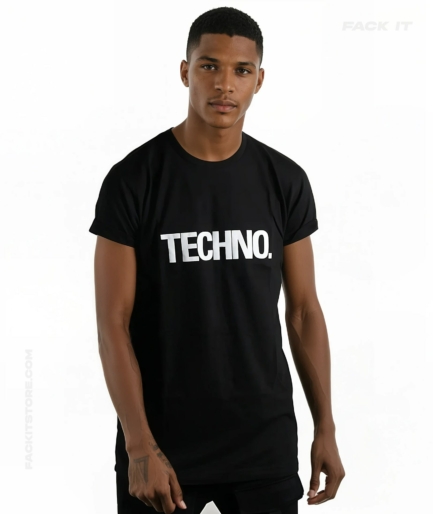 Model Wearing Black Techno T-Shirt Pointing at Logo - Fack It