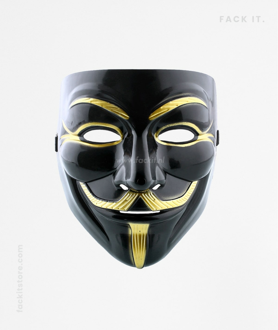 Anonymous mask featured on the Official Fack It Store website, representing rebellion and freedom, with a techno music aesthetic