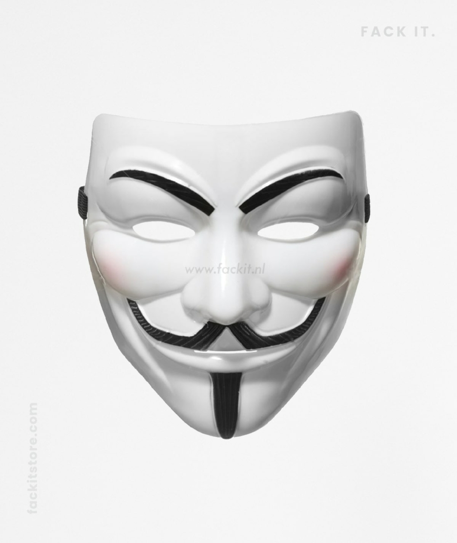 Anonymous mask featured on the Official Fack It Store website, representing rebellion and freedom, with a techno music aesthetic