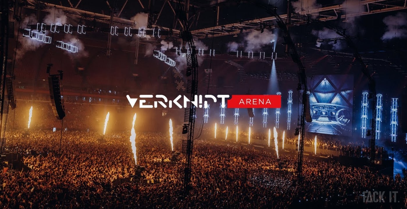 Verknipt ArenA Festival 2025: A massive crowd fills Johan Cruijff ArenA in Amsterdam, with dazzling lights, a towering stage, and electrifying techno beats filling the iconic stadium.