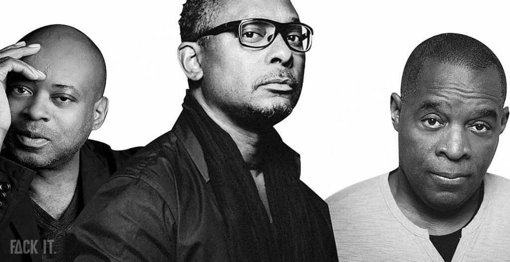 Image of the Belleville Three: Derrick May, Juan Atkins, and Kevin Saunderson, pioneers of Detroit techno.