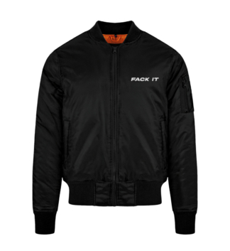 Fack It Bomber Jacket in black with a sleek and modern front design – timeless streetwear.
