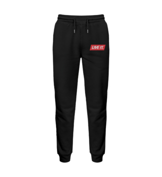 Live It Joggers in black by Official Fack It Store – relaxed fit with a bold statement.